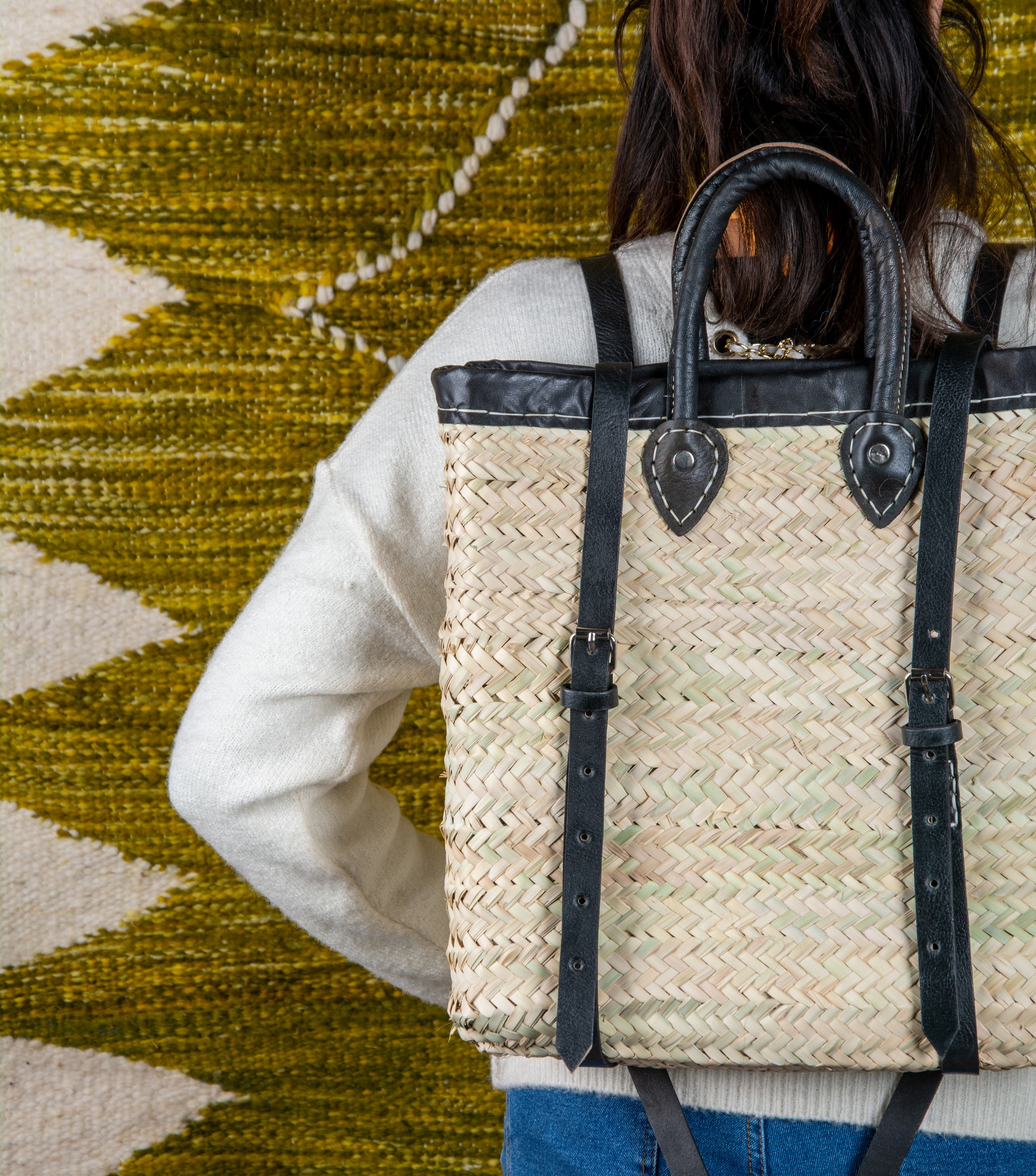 Marrakech Straw Backpack with Leather Border - view 2