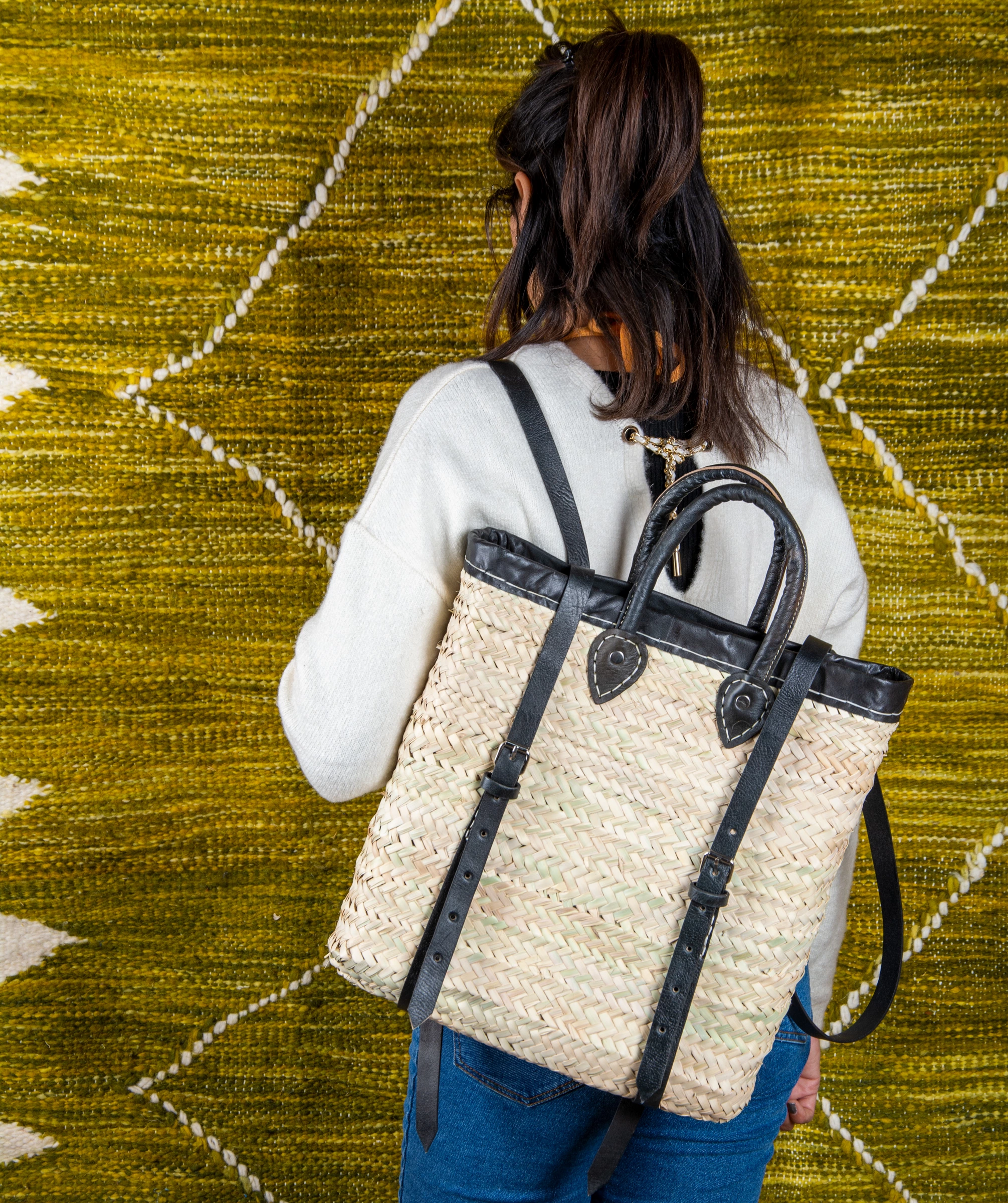 Marrakech Straw Backpack with Leather Border - view 3