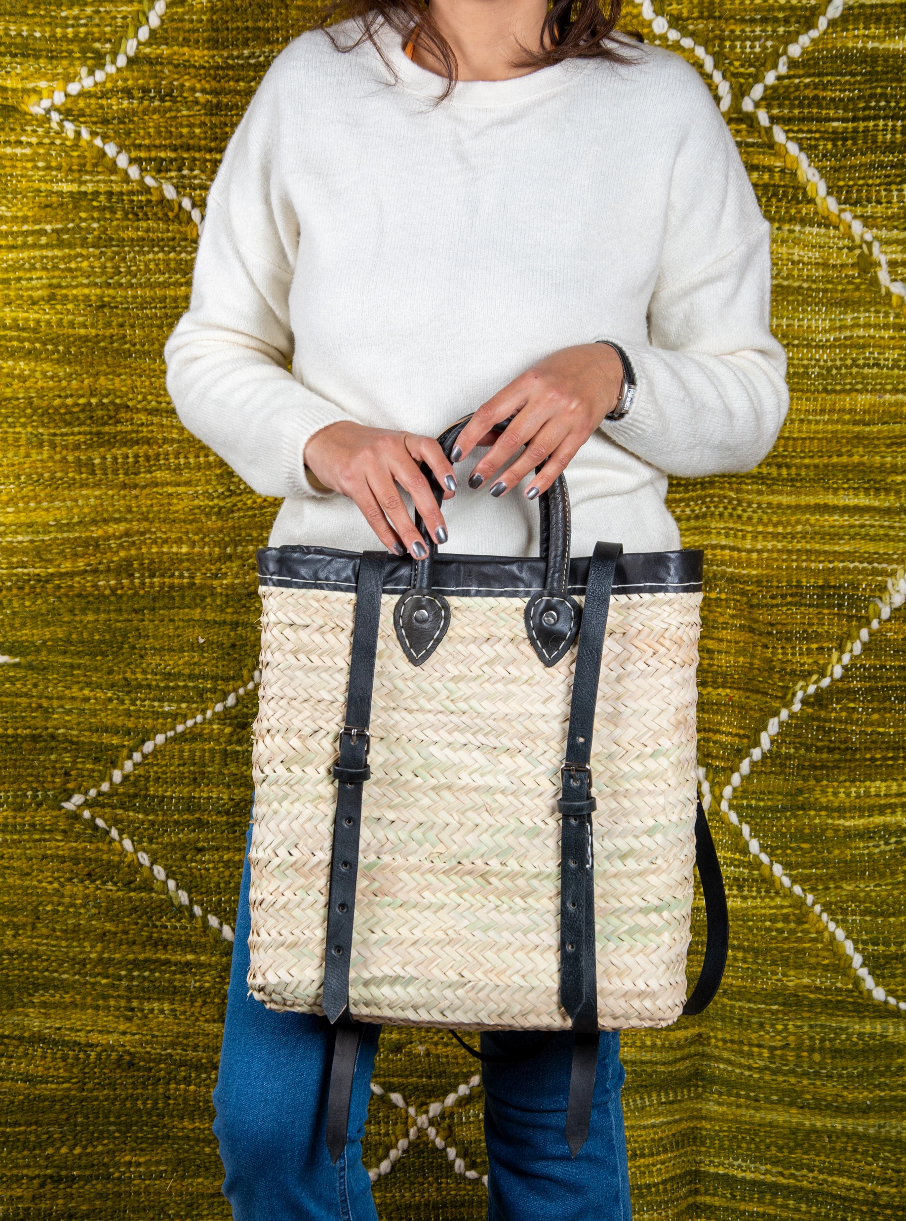 Marrakech Straw Backpack with Leather Border - view 4