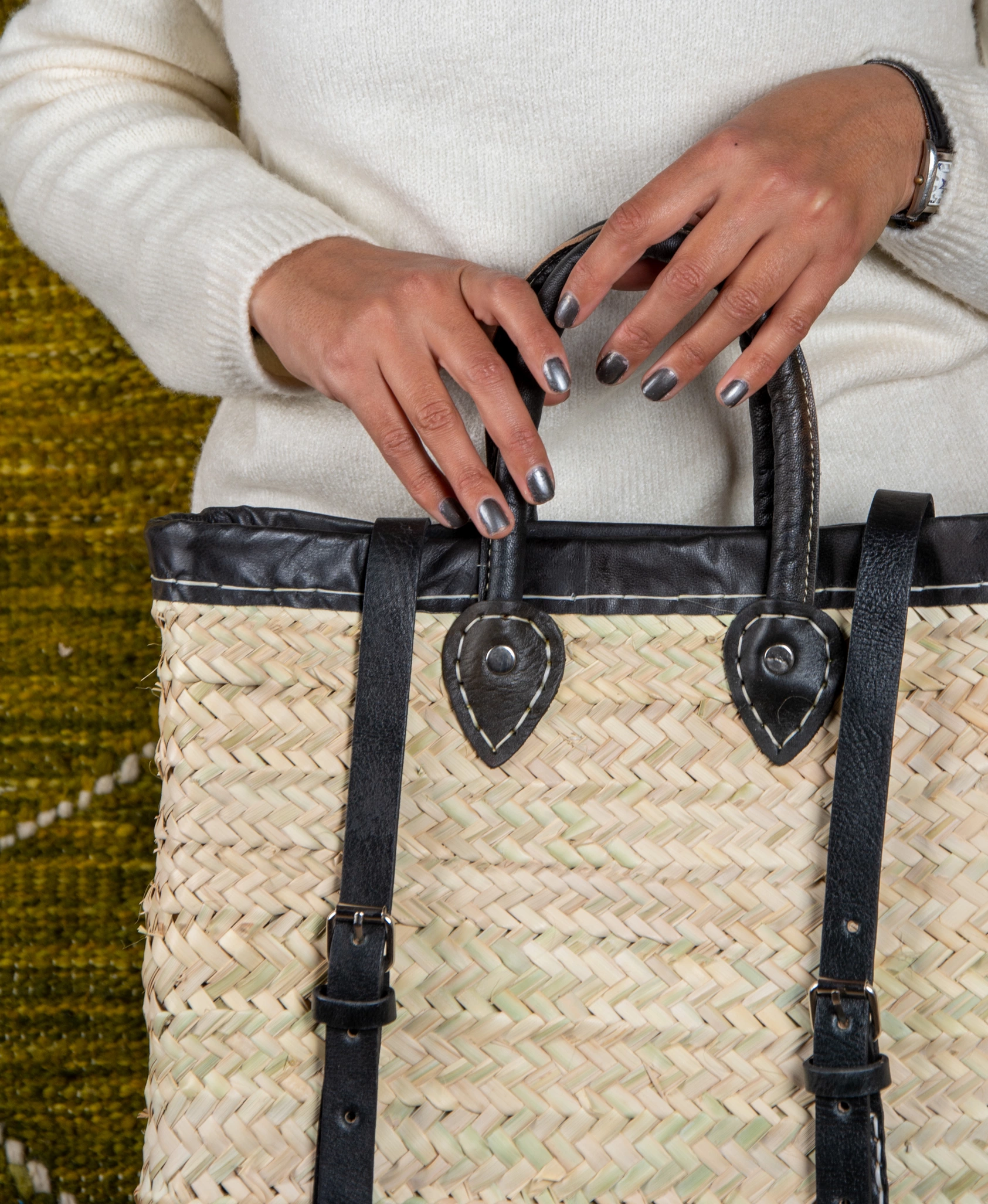 Marrakech Straw Backpack with Leather Border - view 5