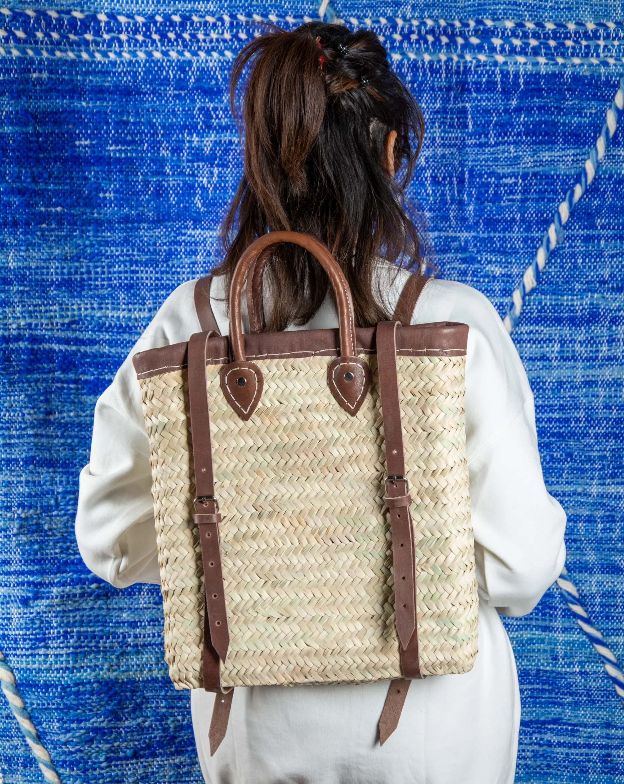 Marrakech Straw Backpack with Leather Border - view 6