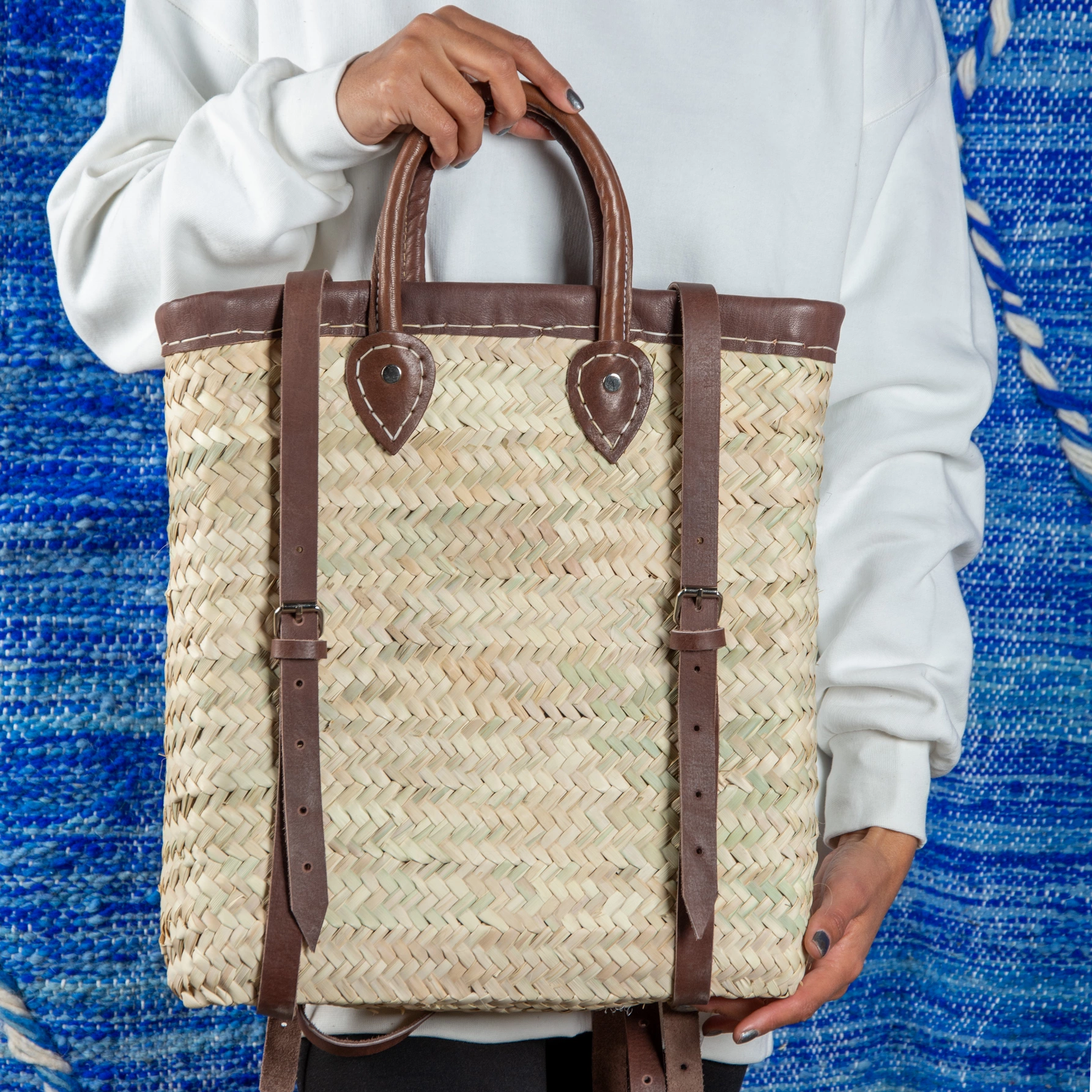 Marrakech Straw Backpack with Leather Border - view 8