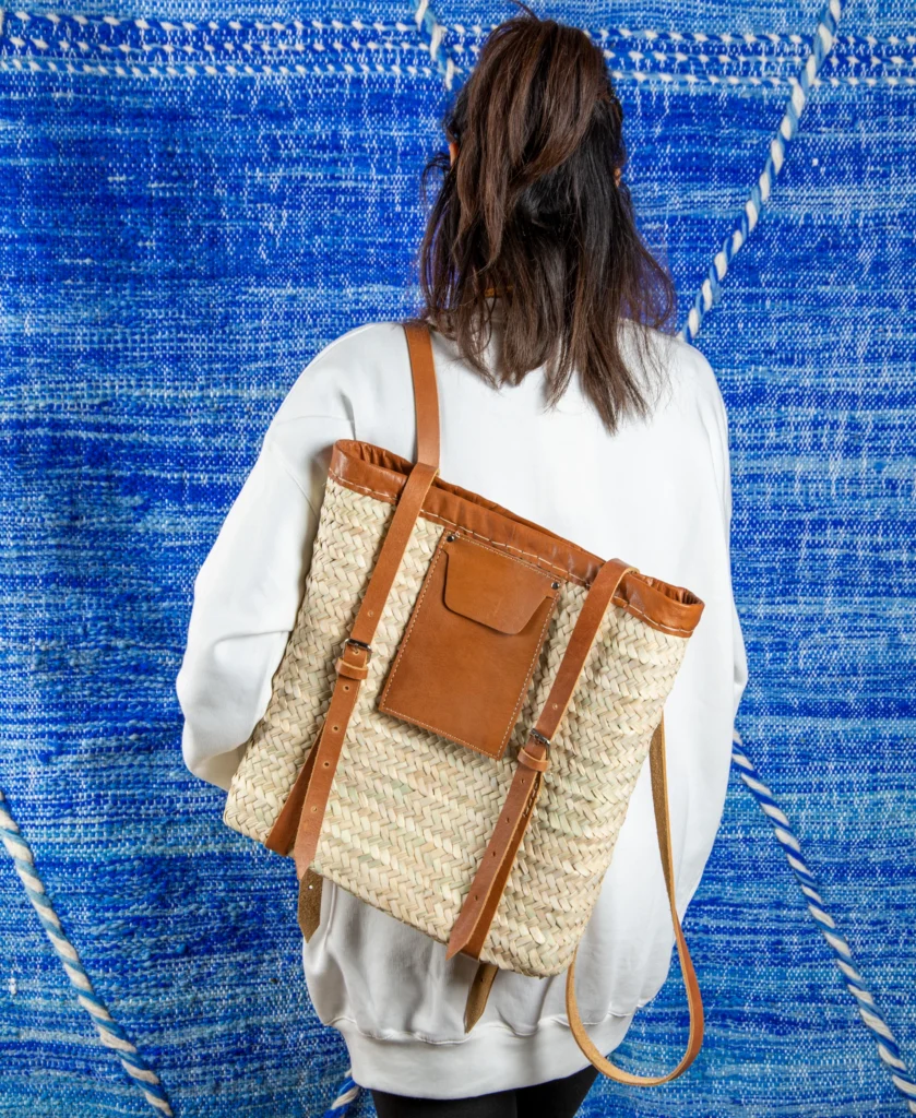 Straw backpack with leather pocket by Green Doum, photo 2
