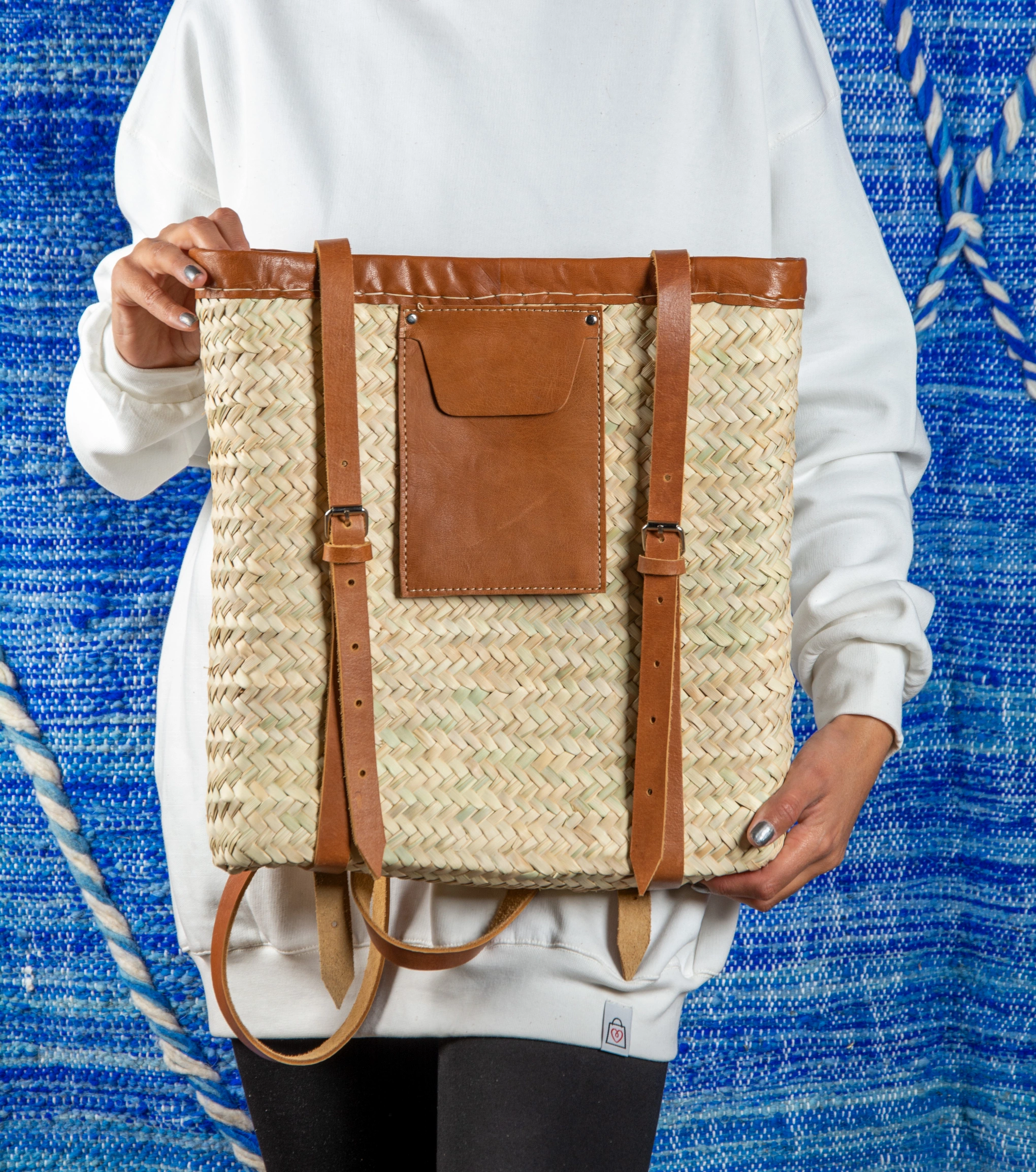 Marrakech Straw Backpack with Leather Pocket - view 3
