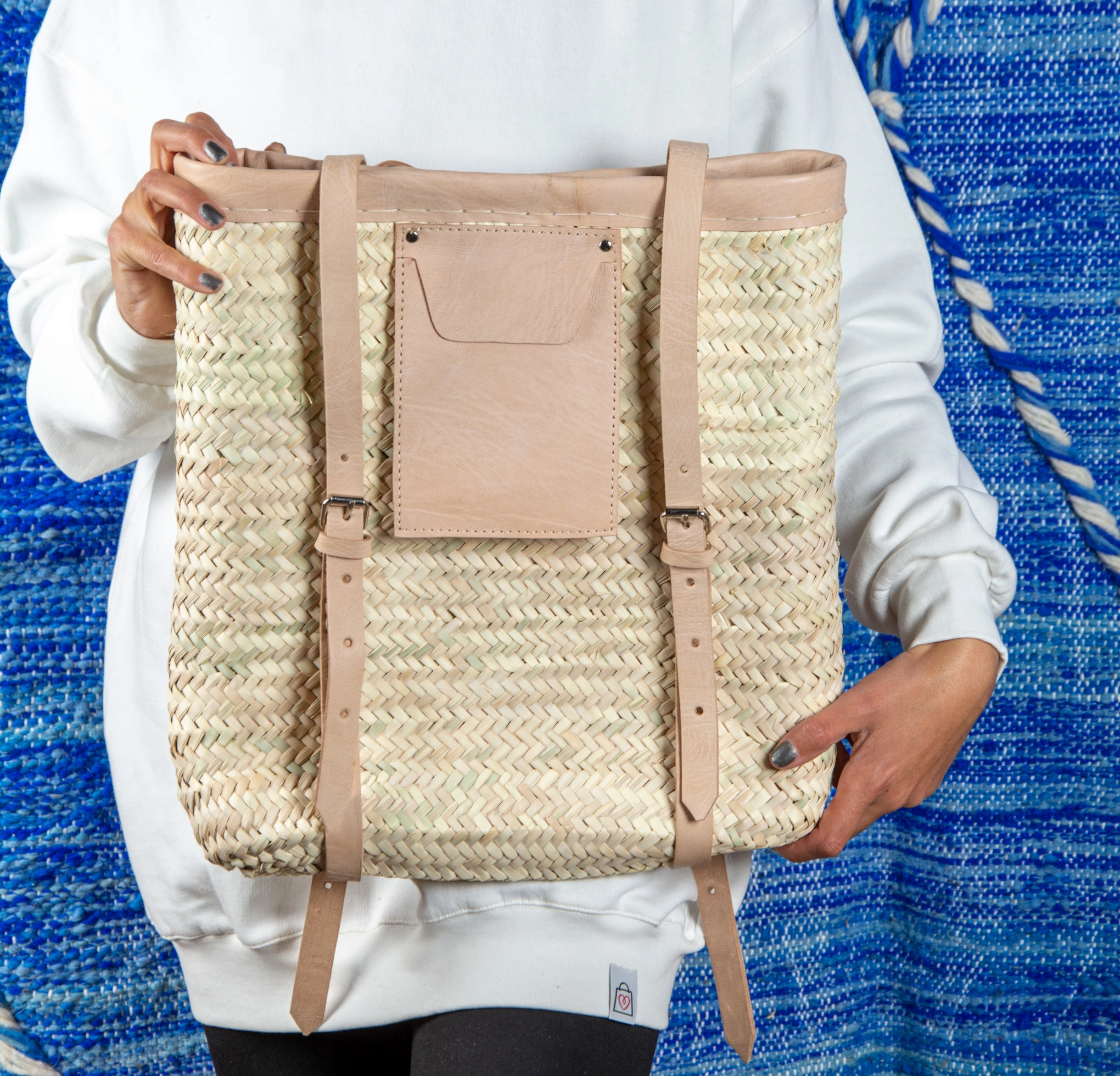 Marrakech Straw Backpack with Leather Pocket - view 8