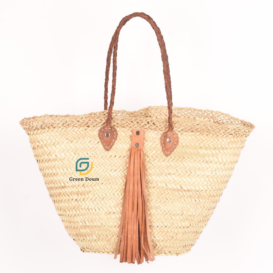 Panier en paille, anse en cuir tressé et franges - Green Doum - photo 6
