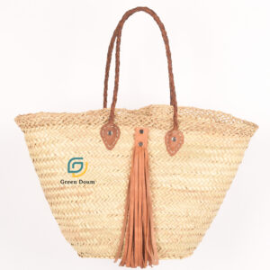 Panier en paille, anse en cuir tressé et franges - Green Doum
