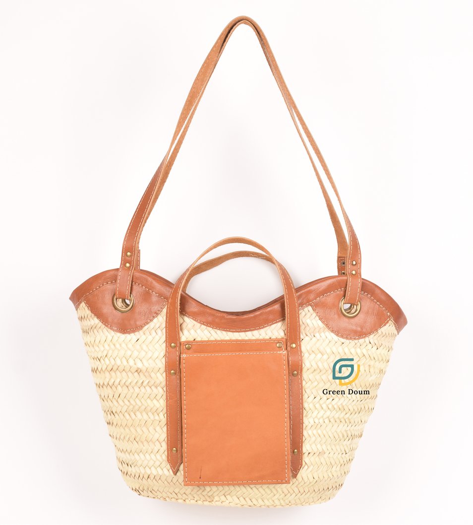 Panier en paille motif vagues et poche en cuir - Green Doum