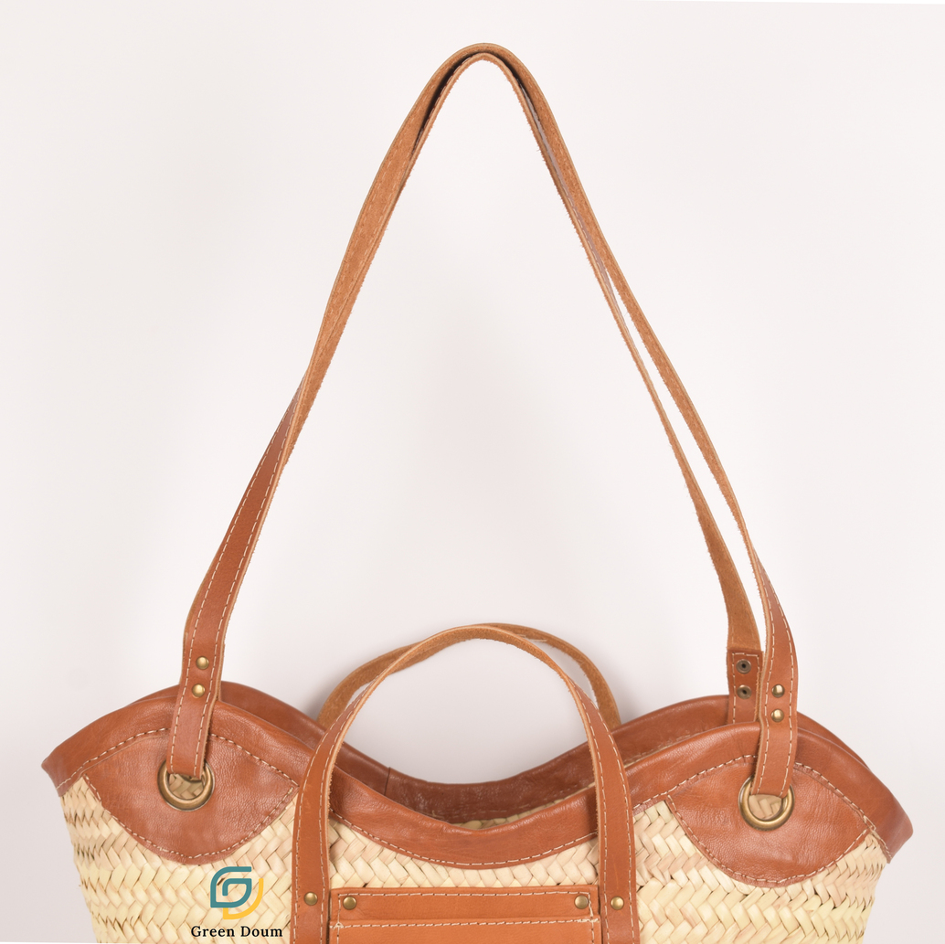 Panier en paille motif vagues et poche en cuir - Green Doum - photo 3