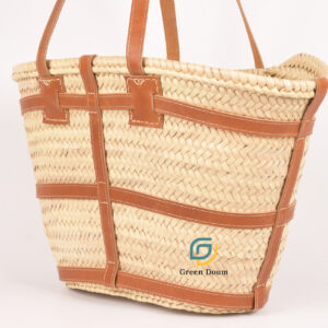 Grand sac en paille, lignes en cuir et longue anse plate - Green Doum