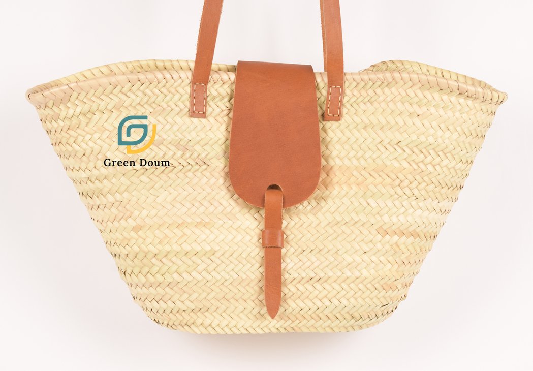 Panier en paille avec fermeture et anse en cuir - Green Doum - photo 4