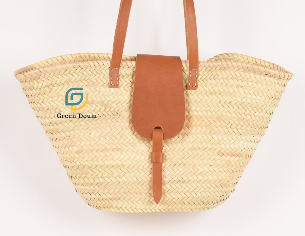 Panier en paille avec fermeture et anse en cuir - Green Doum - photo 3