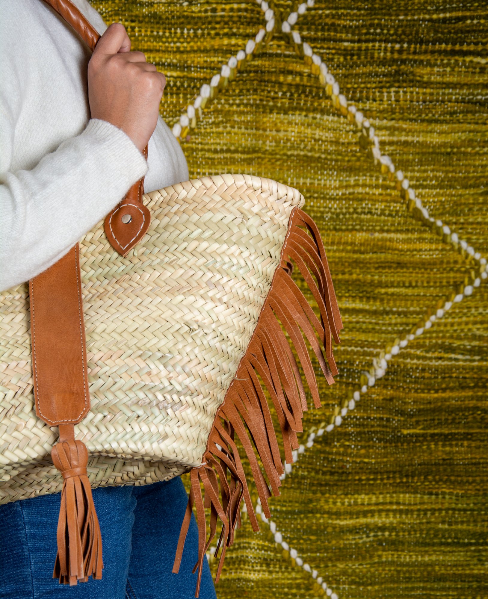 Sac épaule en paille, franges en cuir et pampille – Image 3