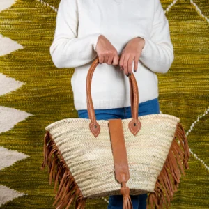 Sac épaule en paille, franges en cuir et pampille - Green Doum