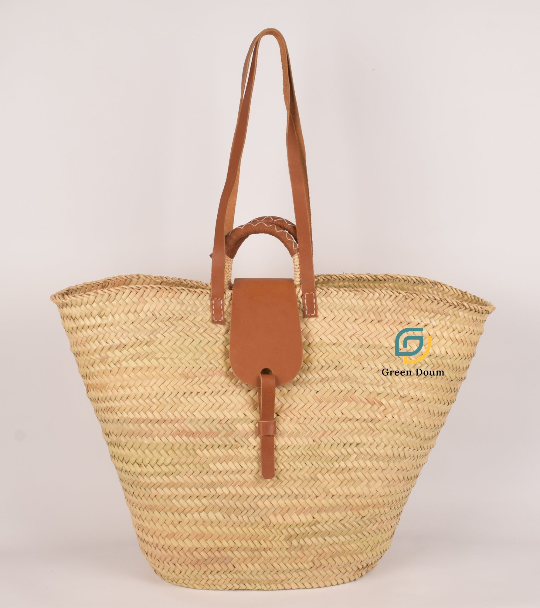 Panier en paille avec doubles anses et fermeture en cuir - Green Doum