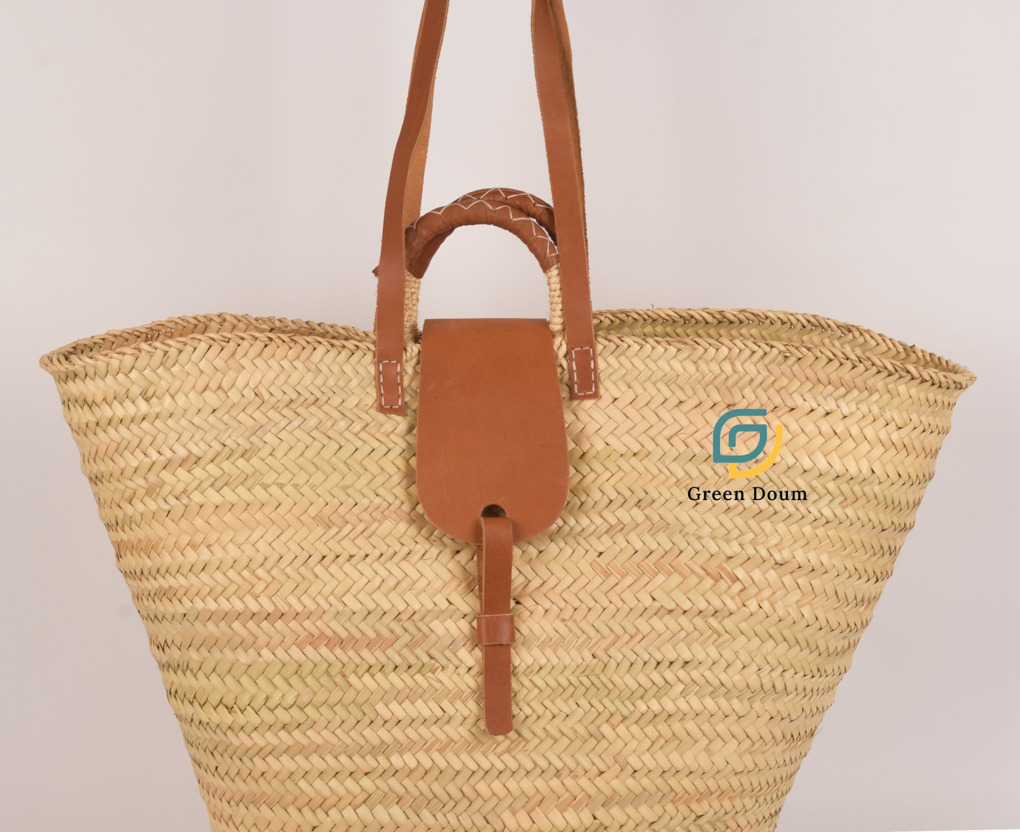 Panier en paille avec doubles anses et fermeture en cuir - Green Doum - photo 2