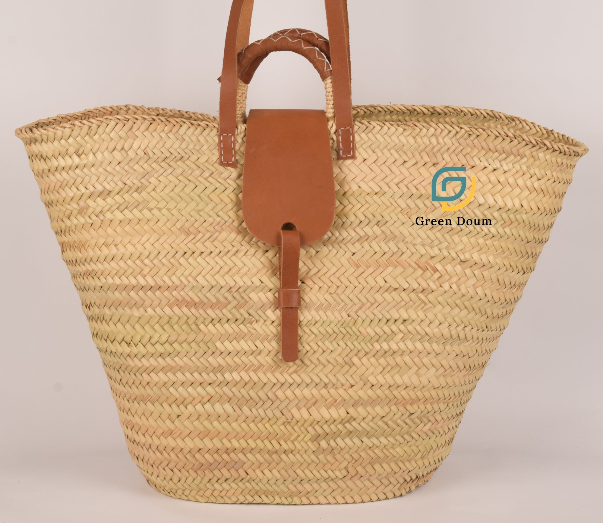 Panier en paille avec doubles anses et fermeture en cuir - Green Doum - photo 3