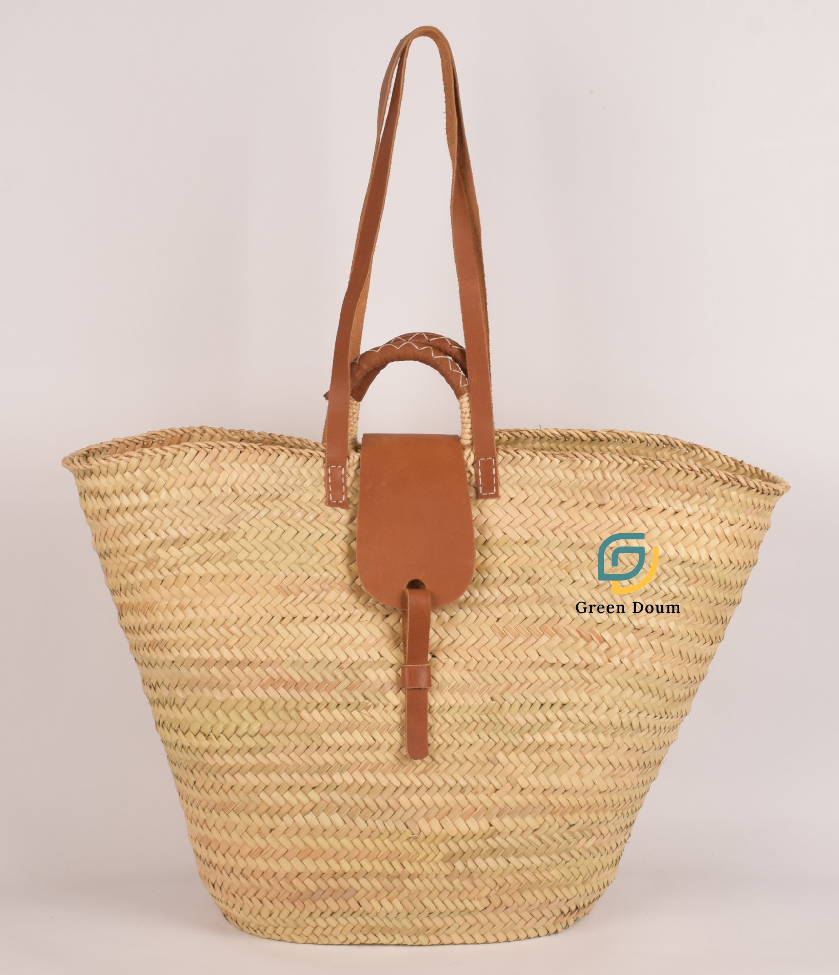 Panier en paille avec doubles anses et fermeture en cuir - Green Doum - photo 4