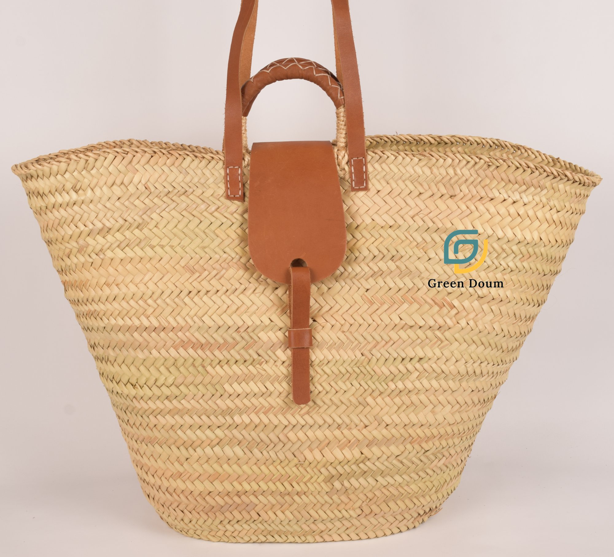 Panier en paille avec doubles anses et fermeture en cuir - Green Doum - photo 5