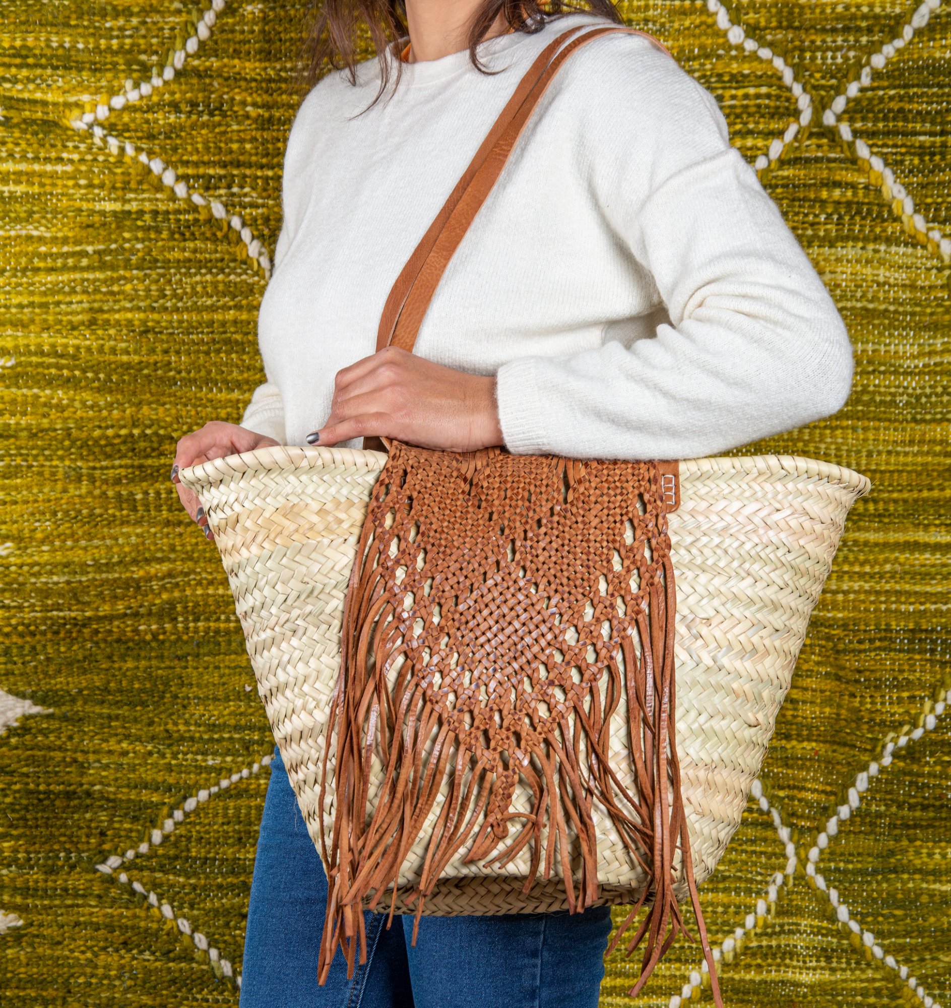 Sac en paille avec fermeture en cuir tressé - Green Doum - photo 3
