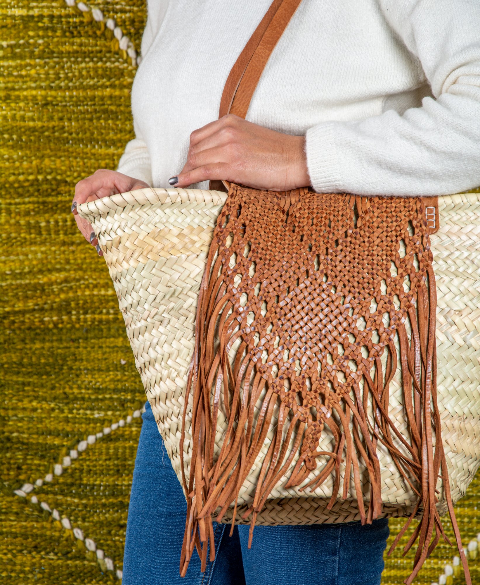 Sac en paille avec fermeture en cuir tressé - Green Doum - photo 4