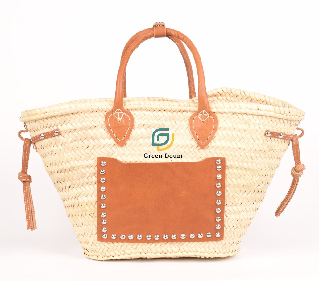 Grand panier en paille, poche en cuir et anse courte - Green Doum