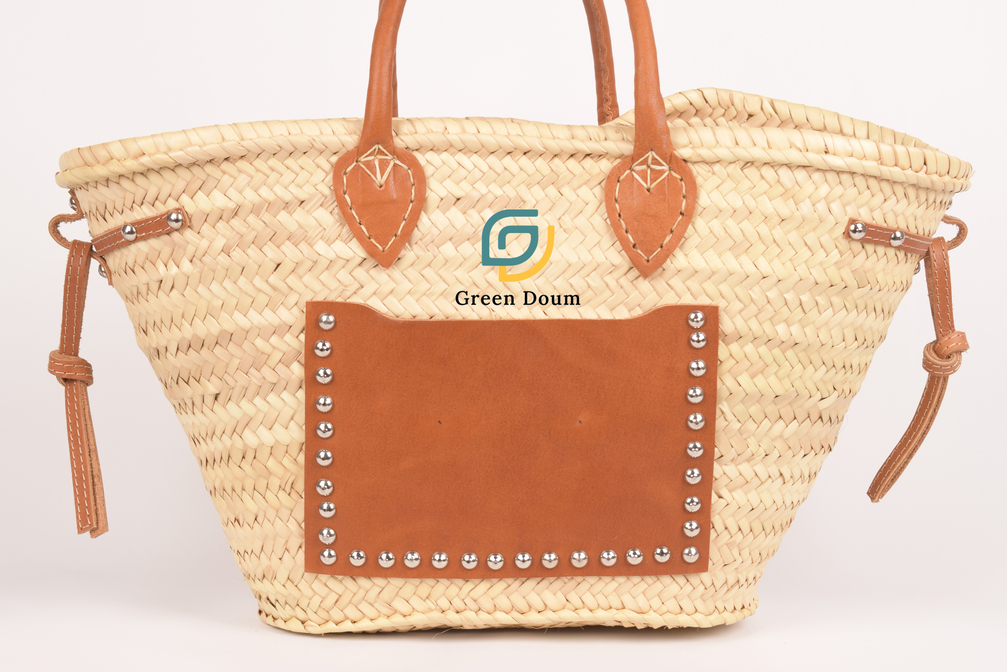 Large straw basket with leather pocket by Green Doum, photo 2