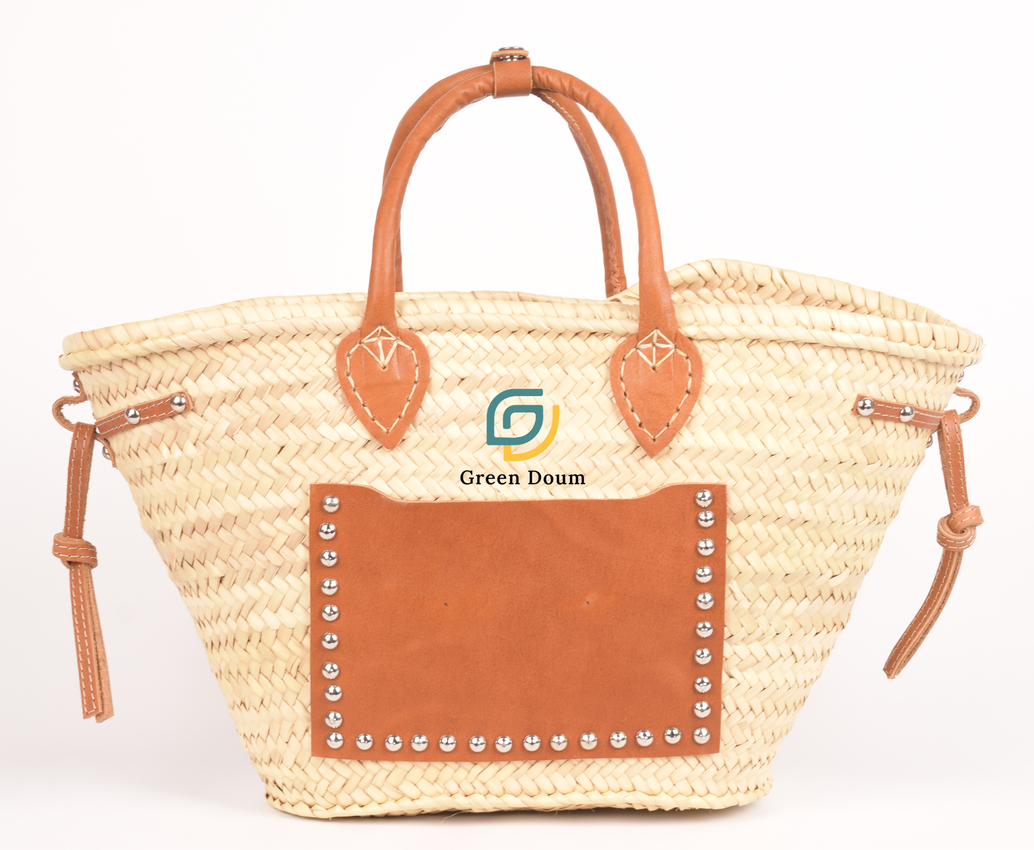 Grand panier en paille, poche en cuir et anse courte - Green Doum - photo 5