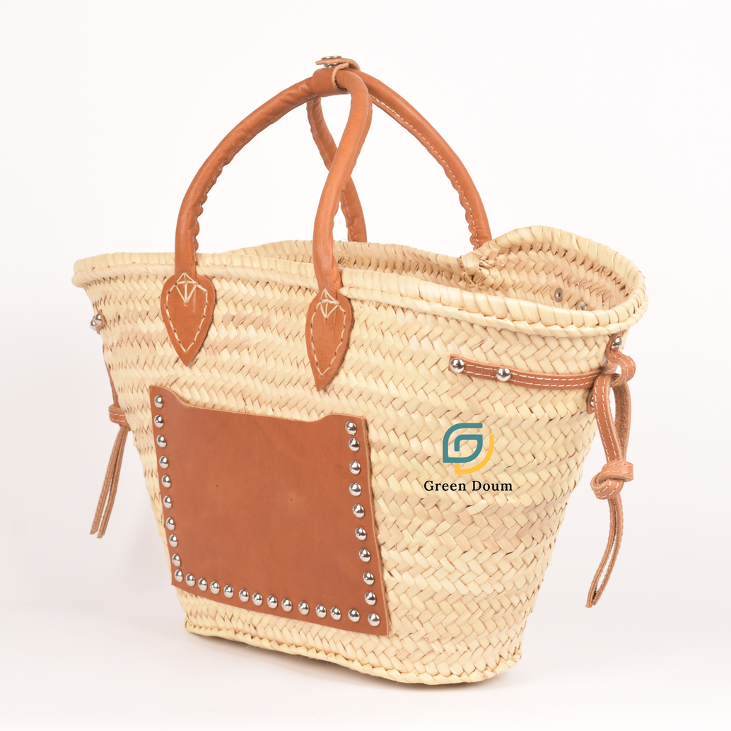 Grand panier en paille, poche en cuir et anse courte - Green Doum - photo 6