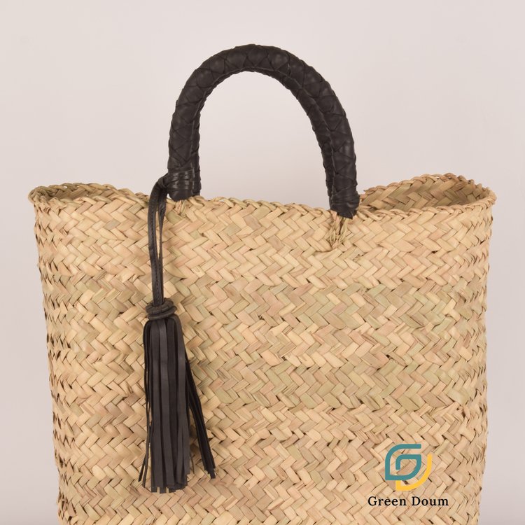 Cabas en palmier sauvage, anses en cuir tressé et pampille - Green Doum - photo 6