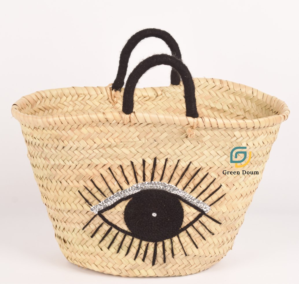 Panier en paille Aicha, motif œil et anses en laine - Green Doum - photo 3