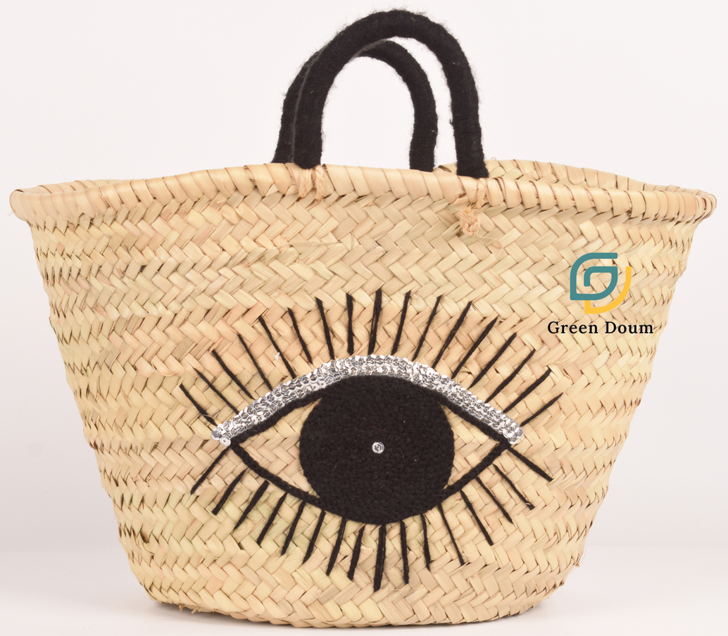 Panier en paille Aicha, motif œil et anses en laine - Green Doum - photo 2