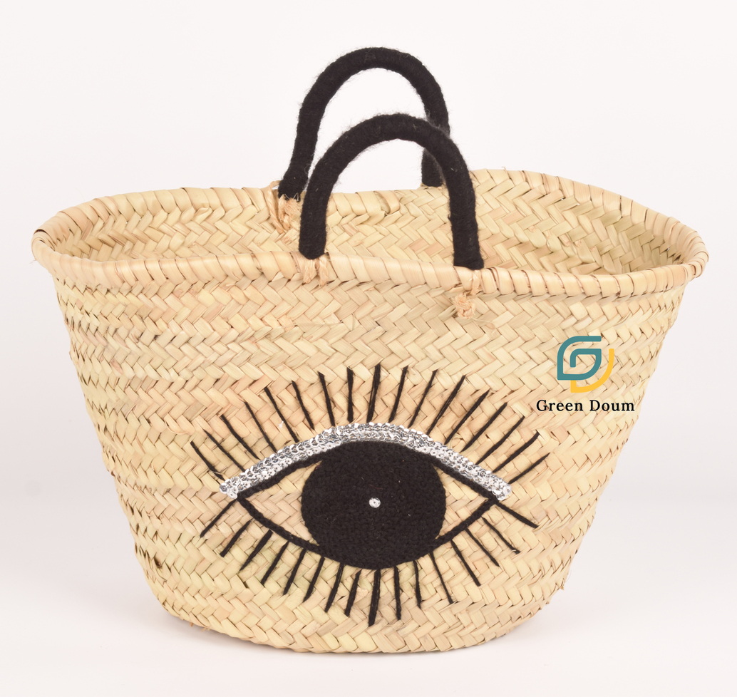 Panier en paille Aicha, motif œil et anses en laine - Green Doum - photo 4