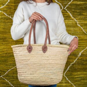 Panier épaule en paille avec anse en cuir - Grand