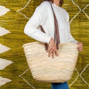 Panier de plage en paille, anses plates en cuir