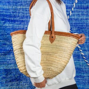 Panier épaule en paille, bord en cuir et longues anses - Green Doum