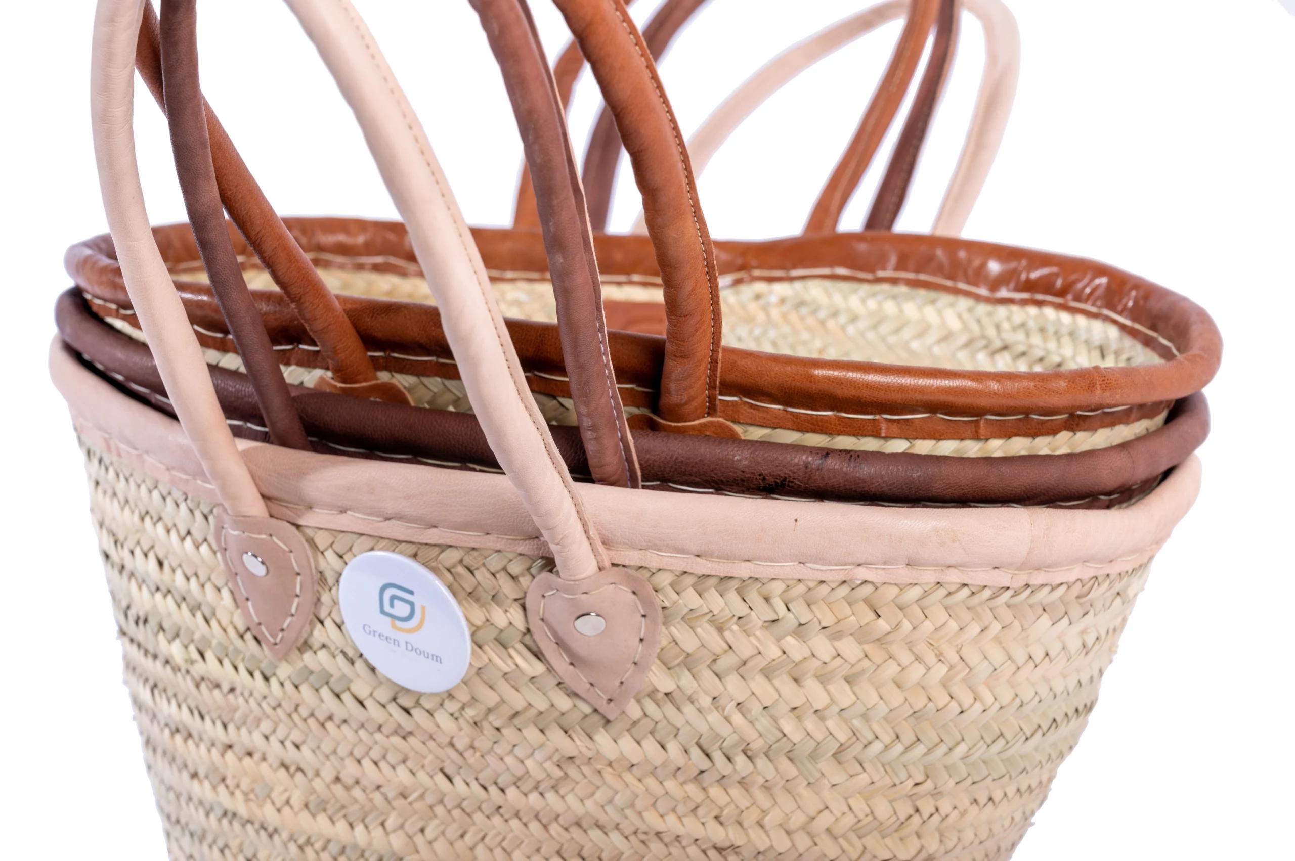 Panier épaule en paille, bord en cuir et longues anses - vue 2