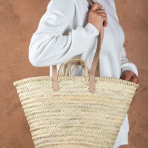 Panier en paille, doubles anses en sisal et cuir plat - Green Doum