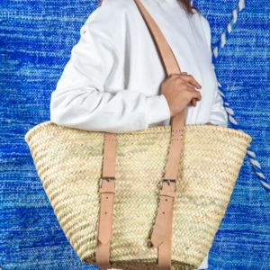 Panier de plage style osier, lanières réglables à boucles - Green Doum