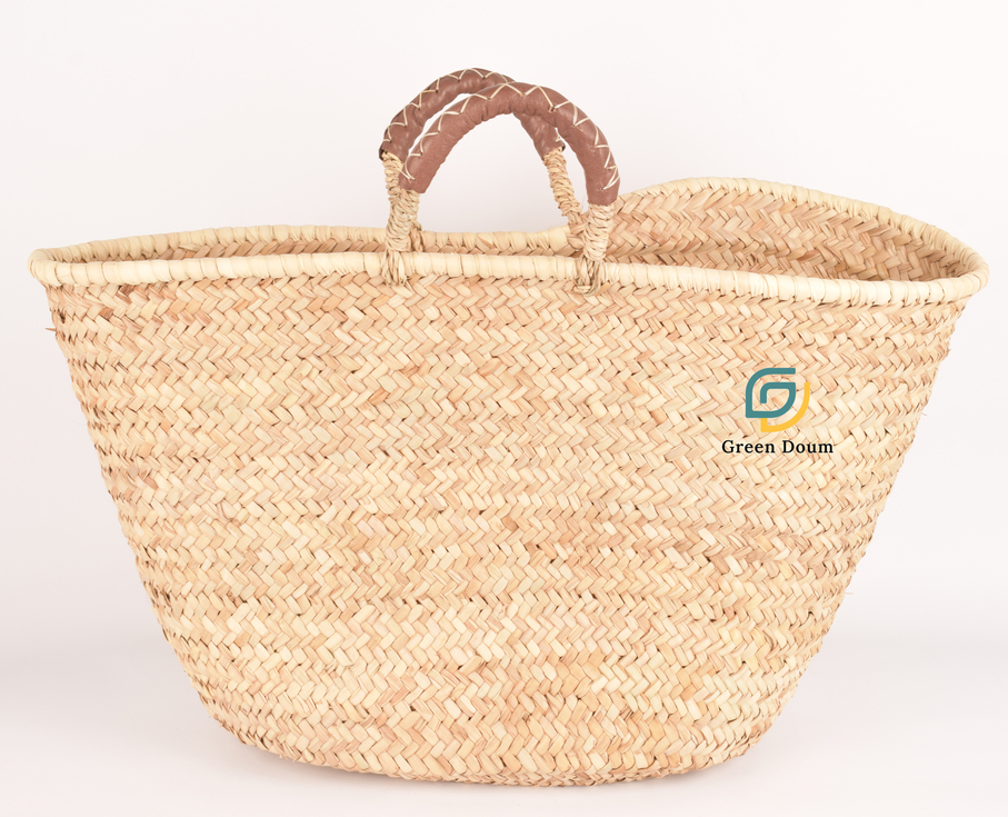 Panier cabas en palmier sauvage avec détails en cuir - Green Doum