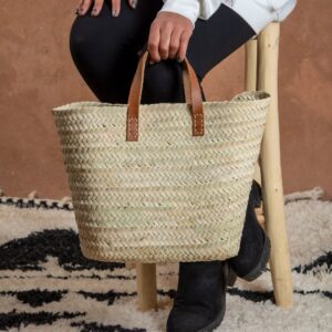 Panier marrakech avec anses plates en cuir par Green Doum