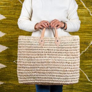 Panier Rivers en paille avec anses courtes en cuir - Green Doum