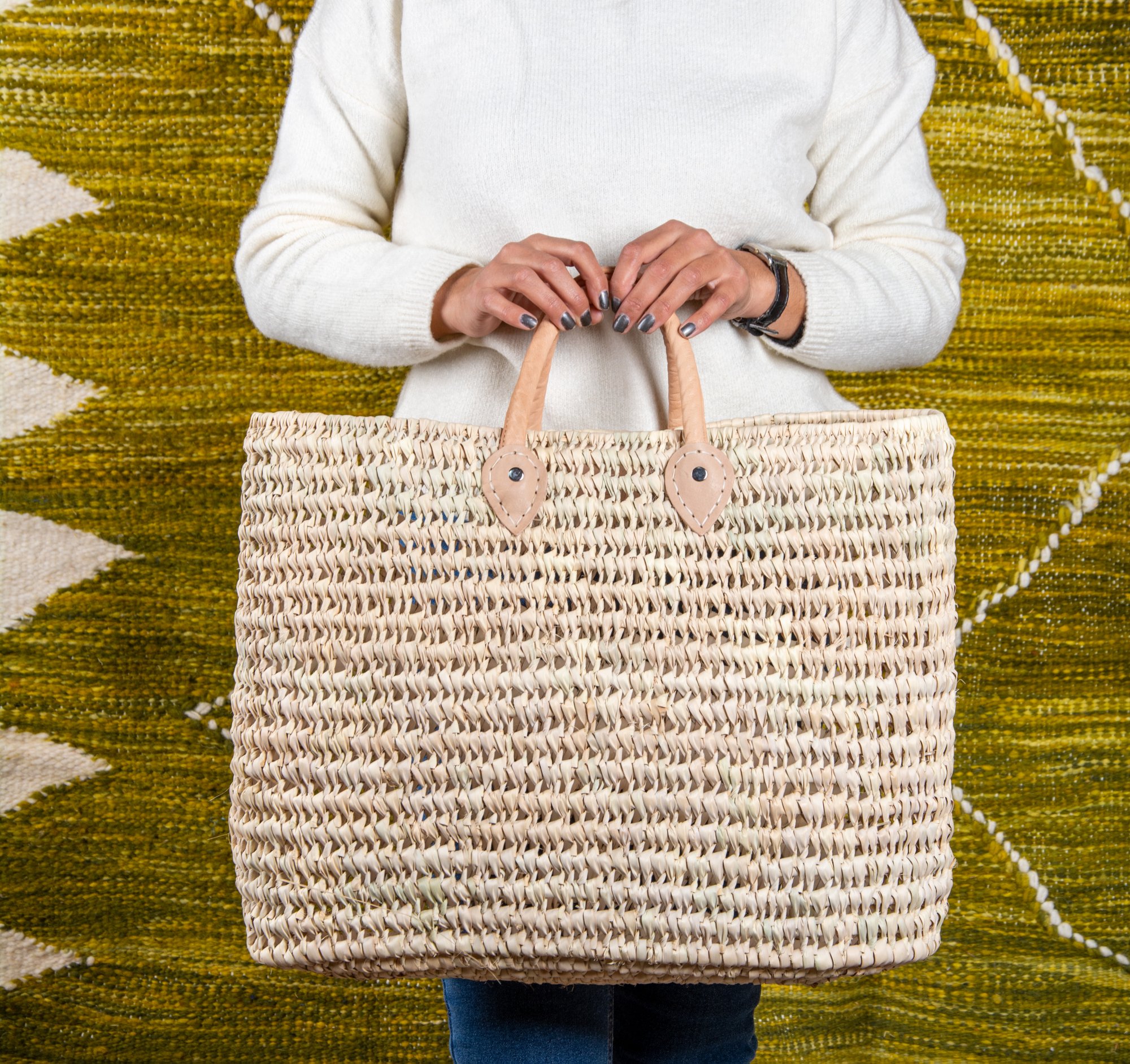 Panier Rivers en paille avec anses courtes en cuir - Green Doum