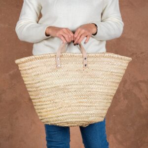 Panier de courses en paille, anses plates en cuir