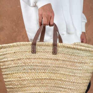 Panier en paille avec anses courtes plates en cuir - Green Doum