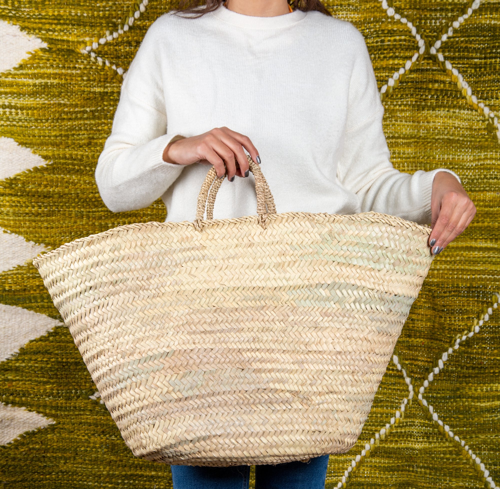 Panier marocain à main avec anses courtes en cuir
