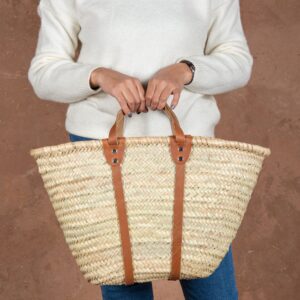Panier à serviette en paille, anses courtes en cuir