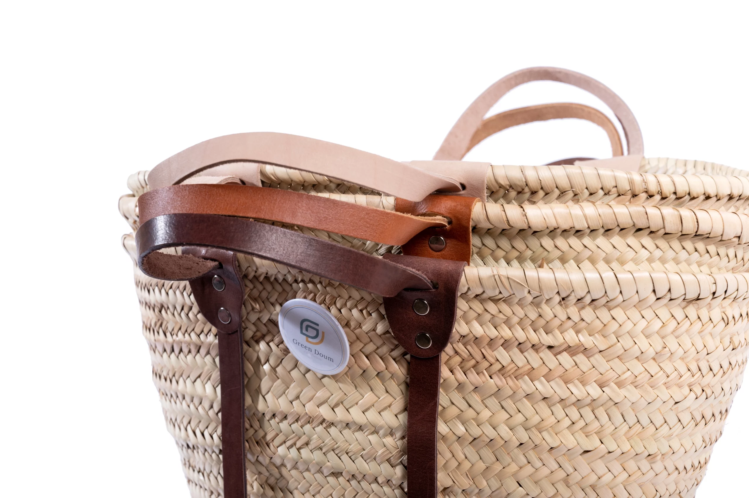 Panier à serviette en paille, anses courtes en cuir - vue 2