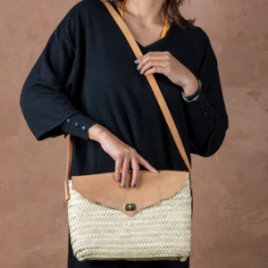 Marrakech Straw Shoulder Bag with Scalloped Leather Flap - Green Doum