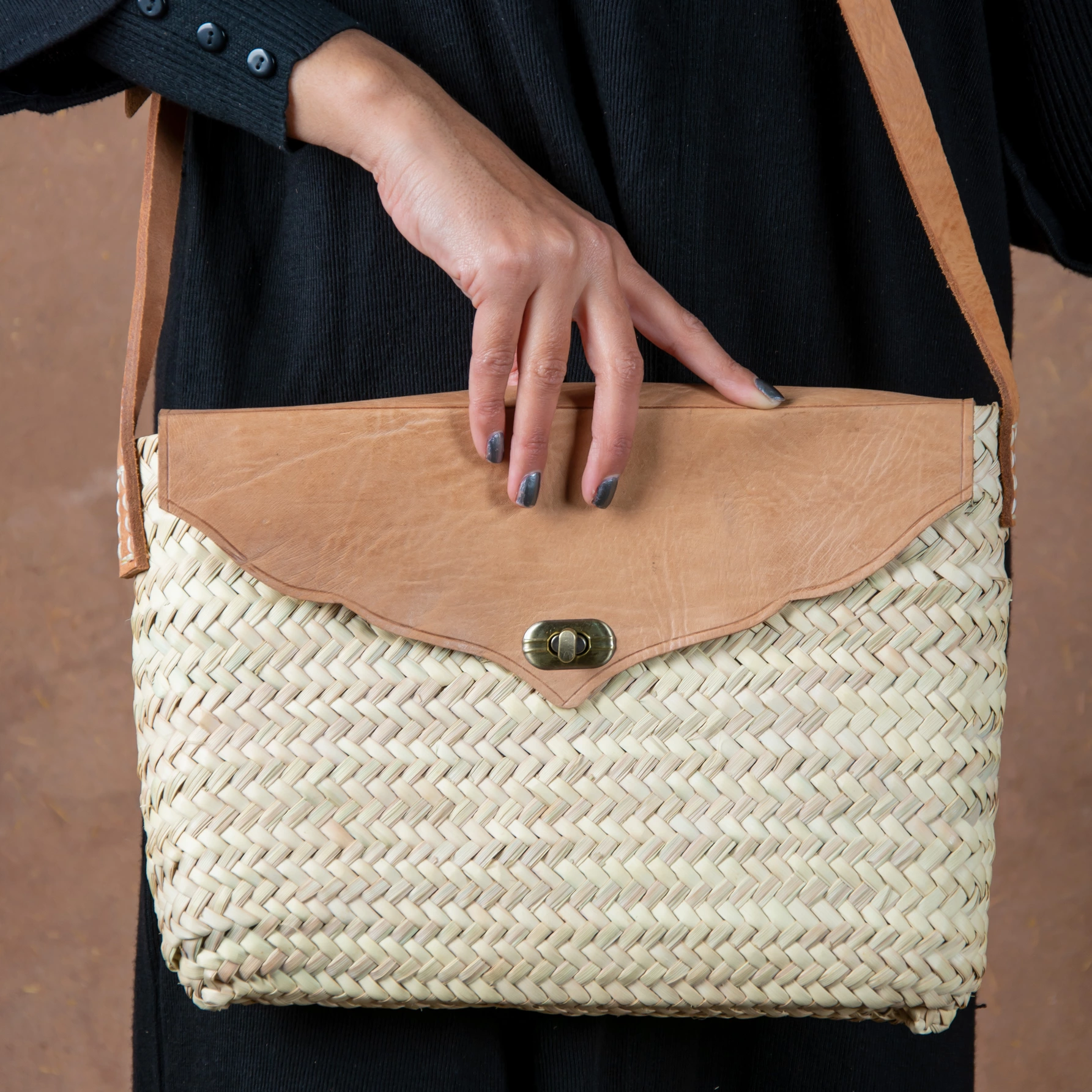 Marrakech Straw Shoulder Bag with Scalloped Leather Flap - view 2